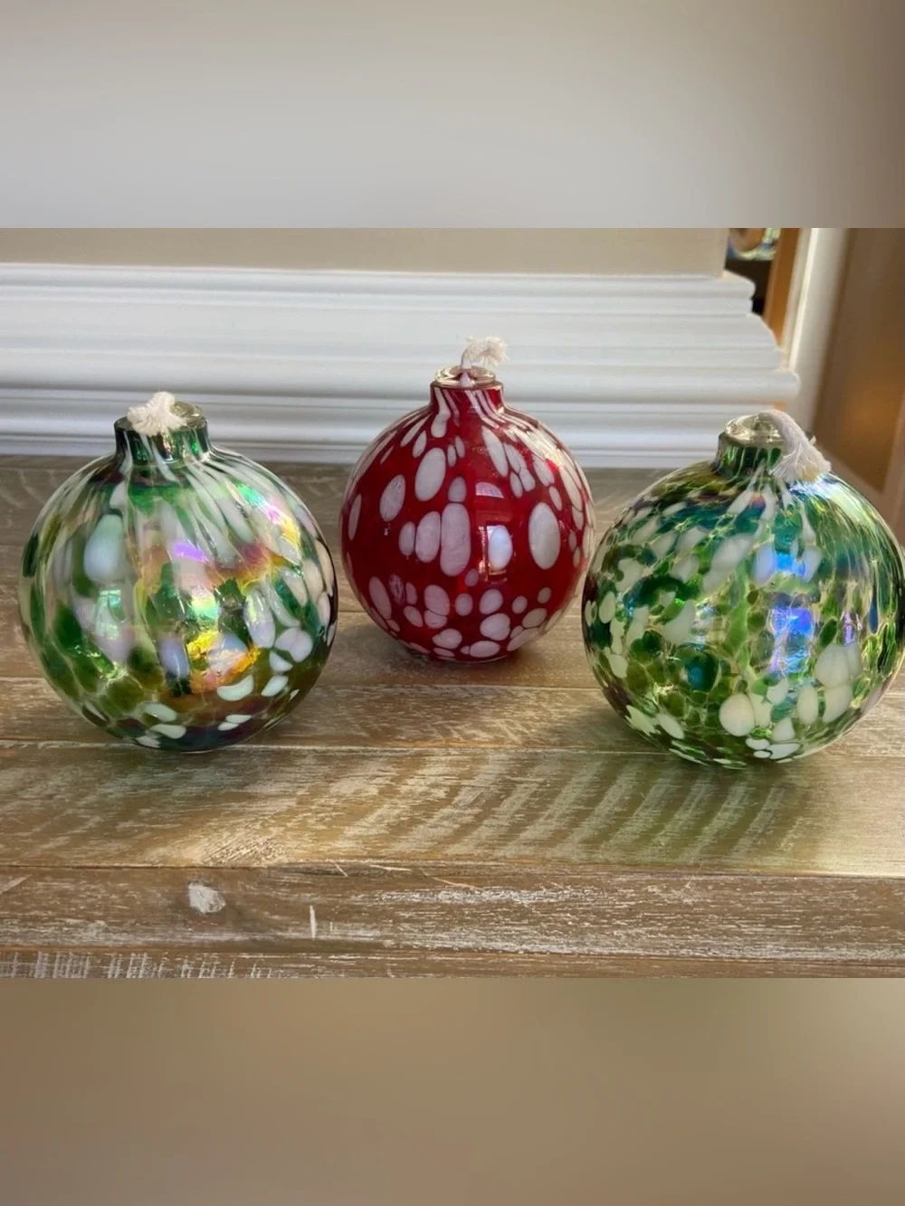 Pottery Barn Set 3 Artisan Oil Burning Glass Candles Red Green Flickering Glow
